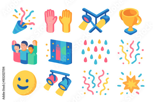 Triumphant Victory Icons. Victory Moment flat icons set. confetti explosion, raised hands, stage lights, trophy cup, team celebration, glowing backdrop, colorful rain, wide smiles