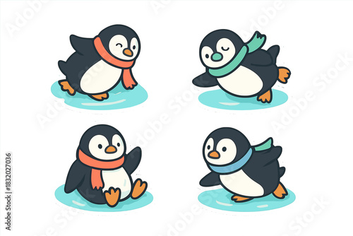 Cute playful penguins sliding and swimming on icy water in colorful scarves at a winter scene