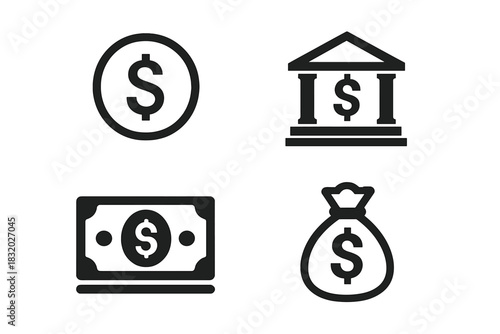 Symbols of finance showcasing currency, bank, cash, and money bag icons in a simple and modern design