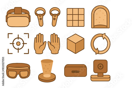 Virtual reality tools and elements displayed in a flat design for gaming and interactive experiences