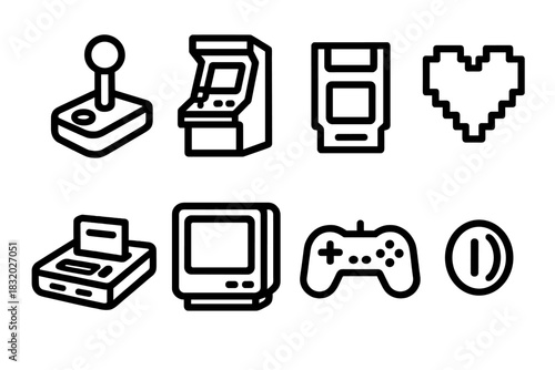 Retro Gaming Icons. Retro Gaming linear icon set. joystick, arcade machine, game cartridge, pixel heart, console, CRT monitor, controller, coin