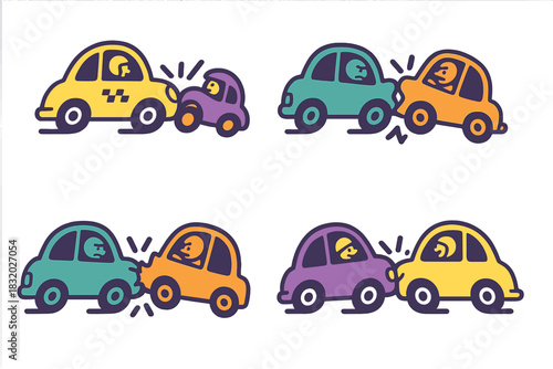 Different types of cartoon car accidents with colorful vehicles in a playful design set against a simple background