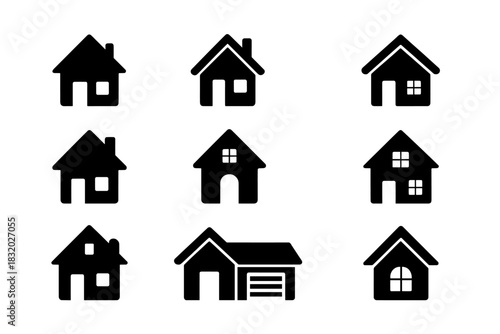 Various simple house icons in black and white, showcasing different designs for home representation
