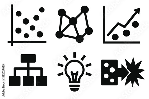 Brutalist Icon Set. Pattern Discovery silhouette icon set. scatter plot, connection nodes, trend line, decision tree, insight bulb, feature extraction icon.