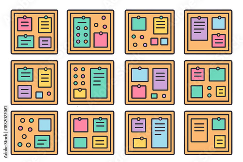 Colorful sticky note boards for organizing tasks in a workspace