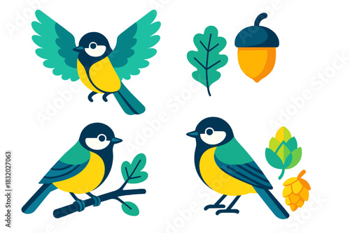 Colorful cartoon birds surrounded by nature elements in a playful design