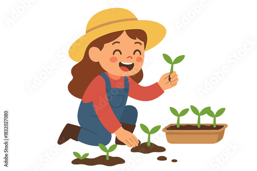 Young gardener joyfully planting seedlings in a sunny outdoor space