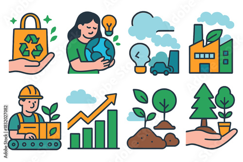 Sustainable Practices Icons. Labor Day sustainable practices themes flat icon set: low-impact habits, mindful resource use, healthy environment, reduced emissions, green office