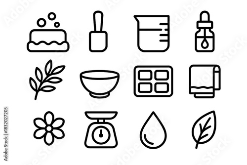 Soap Workshop Icons. Organic Soap Workshop Icons linear icon set. soap bar, spatula, beaker, essential oil, herbs, bowl, mold, towel, flower, scale, droplet, leaf