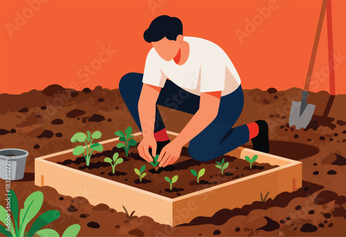 Illustration shows a person tending a raised garden bed with young plants. Soil and tools are present