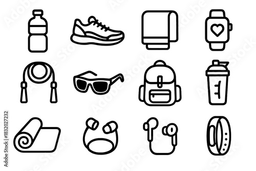 Fitness Gear Icons. Fitness essentials linear icon set: water bottle, running shoes, towel, smartwatch, jump rope, resistance band, sunglasses, backpack, protein shaker, yoga mat