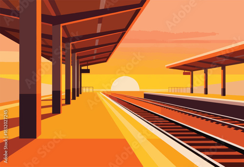 A stylized railway station scene at sunset, featuring long shadows, tracks, shelters, and a warm, vibrant color palette