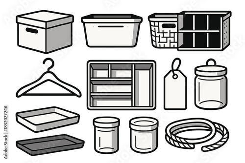 Storage organization tools for home and office use, featuring boxes, containers, and hangers for efficient space management