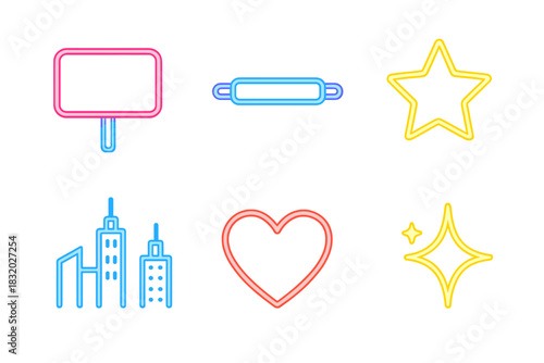 Vibrant Neon Icons. Neon Lights flat icons set. glowing sign, electric tube, star, city skyline, heart shape, sparkle