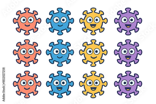 Colorful cartoon virus characters with smiles showcasing different shades and expressions in a playful design