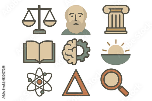 Symbols of knowledge and inquiry showcasing philosophy, science, and law in a unique arrangement