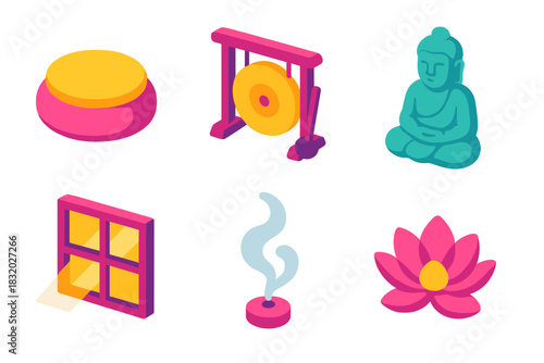 Meditation Icon Set. Meditation Space flat icon set: cushion, gong, statue, window light, smoke swirl, flower