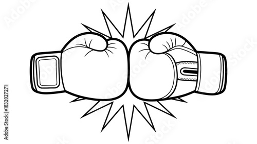 Two boxing gloves colliding with a starburst in a black and white art