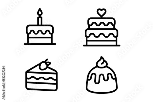 Different types of dessert cakes with frosting and decorations arranged in a simple design