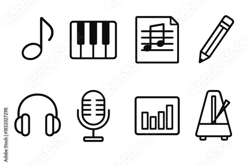Music Icons Collection. Creative Process linear icon set. musical note, piano keys, sheet music, pencil, headphones, microphone, rhythm bar, metronome