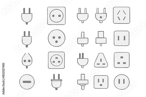 Variety of electrical plugs and sockets from around the world arranged in a grid format for reference and education