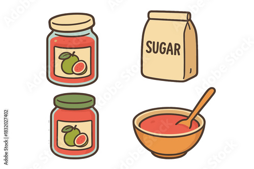 Colorful jars of guava jam, sugar package, and bowl of jam are displayed with a cheerful illustration style in a kitchen setting