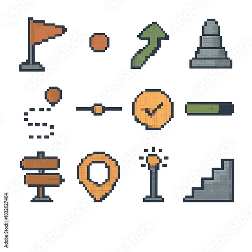 Pixel Art Milestones. Milestone Icons pixel style icon set: marker flag, progress dot, rising arrow, achievement stone, path marker, timeline point, milestone badge, success bar