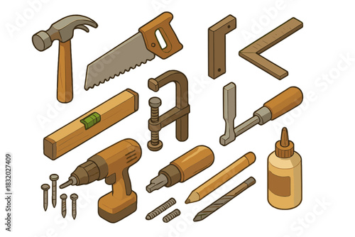 Tools for woodworking and construction displayed on a workbench with various items arranged artistically
