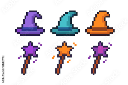 Colorful pixel art witch hats and magic wands designed for games or digital artwork in a creative style
