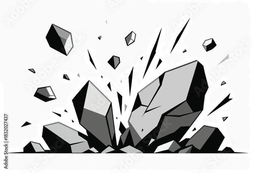 Exploding, fragmented geometric shapes in shades of gray, bursting outward against a white background