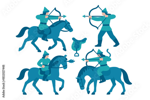 Archer riders practice skillful swordplay and archery in a colorful scene of equestrian action