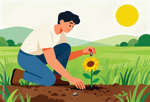 A person kneels, planting a seed beside a sunflower in a vibrant field, sunny sky above