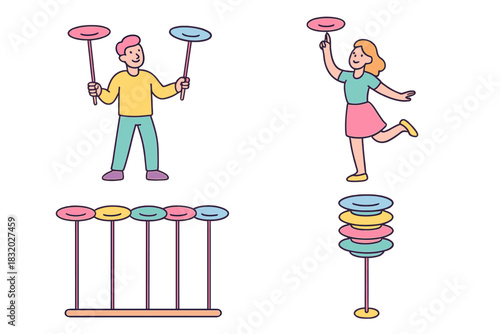 Two performers skillfully juggle colorful plates during a fun circus act in a lively outdoor festival setting