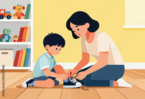 A mother kneels, tying her child's shoe in a brightly lit room with a toy-filled shelf