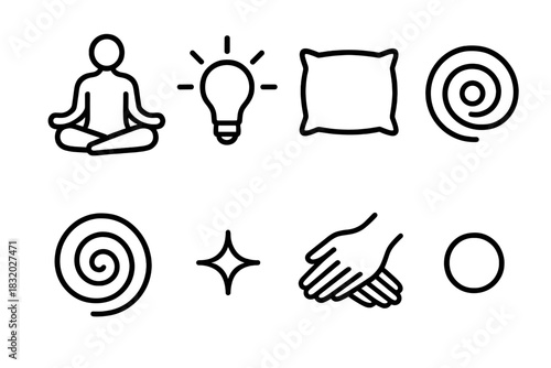 Relaxation Icon Art. Calming Relaxation Elements linear icon set: meditation pose, warm light, soft pillow, slow ripple, soothing swirl, subtle spark, restful hands, peaceful dot