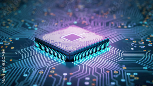 発光する青紫のチップがきらめき未来の可能性を感じる瞬間のコンピューター上の基盤AI	