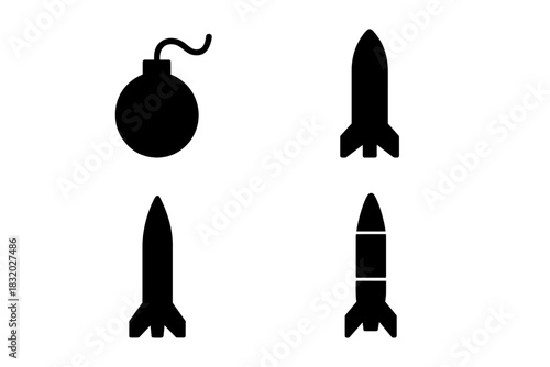 Illustrations of various types of explosives and rockets in a bold black design on a white background