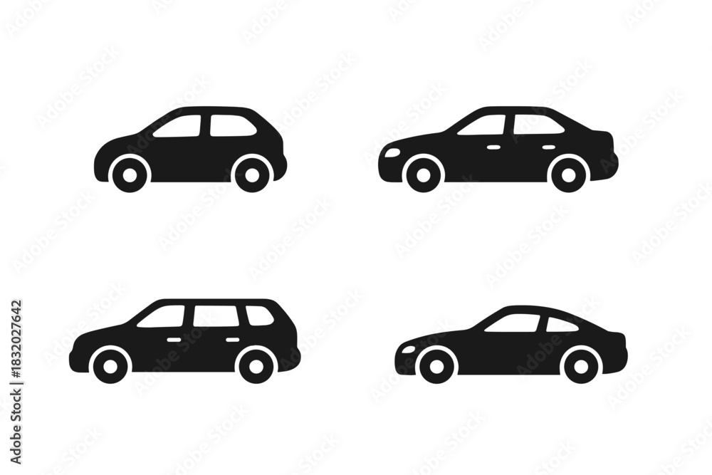 Fototapeta premium Different types of vehicles shown in black silhouettes against a white background
