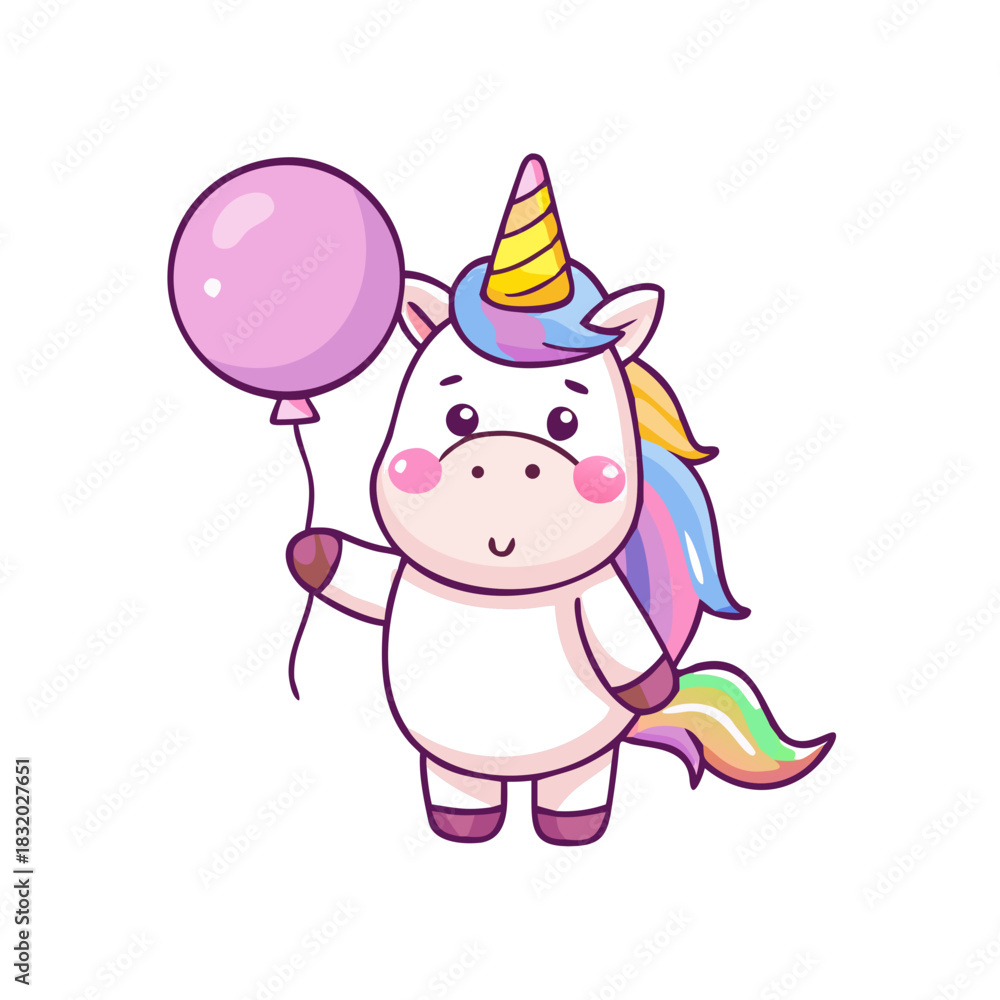 Fototapeta premium Cute Cartoon Unicorn with Balloon .vector icon 