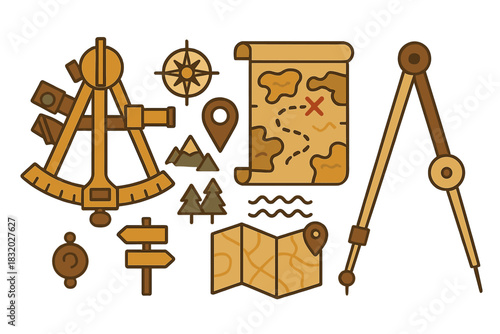 Exploration tools and items displayed for adventure planning and treasure hunting in a whimsical style