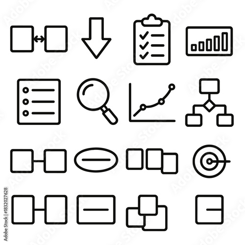 Evaluation Icons Display. Comparative Evaluation linear icon set: side-by-side boxes, contrast arrows, checklist sheet, rating bar, criteria tags, clarity lens, outcome curve