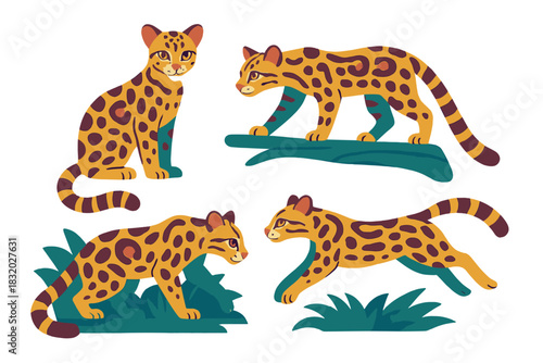 Four distinct poses of a leopard cat exploring its natural habitat in a vibrant and playful style