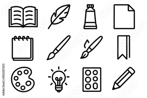 Artistic Tools Icons. Creative Story Art linear icon set. book, quill pen, paint tube, page outline, sketchbook, watercolor brush, ink drop, bookmark, paper sheet, color palette