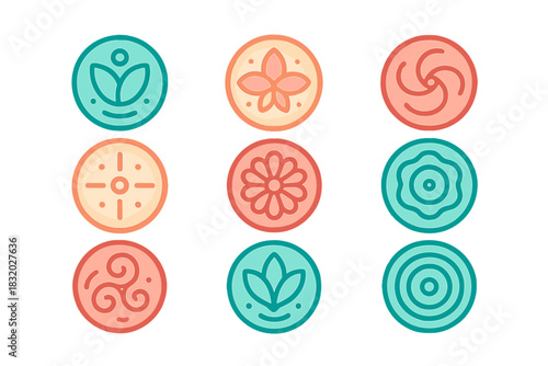 Colorful geometric designs in simple shapes, showcasing vibrant patterns and symbols on a clean background