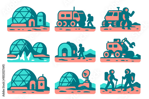 Exploring a futuristic space colony with diverse habitats and activities in a vibrant, stylized illustration