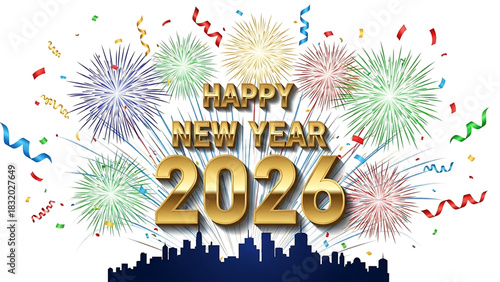Golden "Happy New Year 2026" with Fireworks and City Skyline