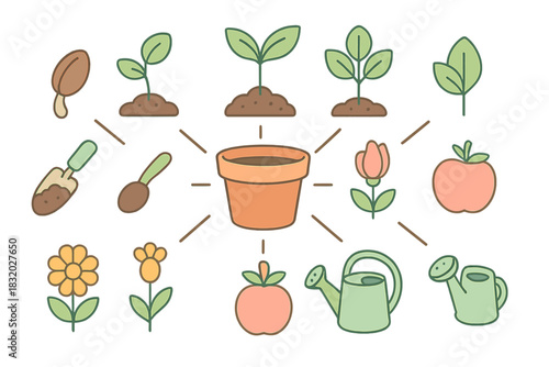 Gardening elements featuring seeds, plants, tools, and watering can arranged around a central flower pot