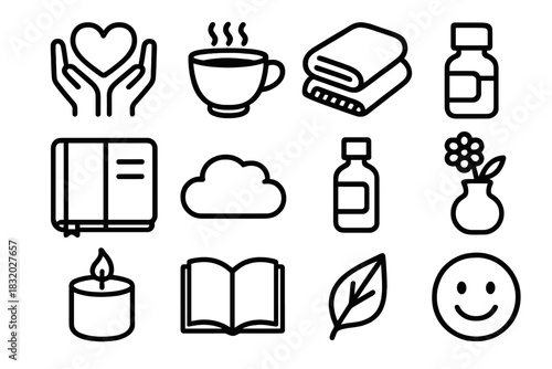 Self-Care Icons Collection. Self-care and recovery linear icon set: heart in hands, tea cup, cozy blanket, journal, candle, essential oil bottle, open book, flower vase, music note