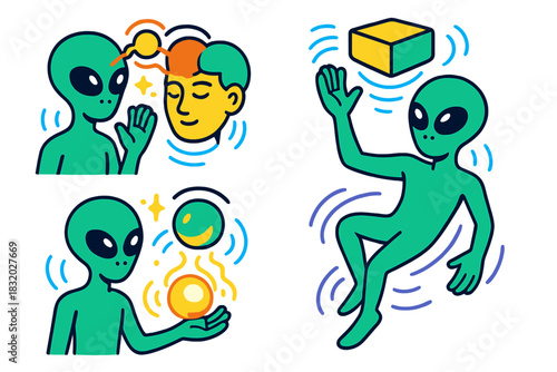 Extraterrestrial beings demonstrating telepathy, energy manipulation, and levitation in a colorful illustration