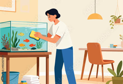 A person in a white shirt and blue pants cleans a fish tank with a yellow sponge